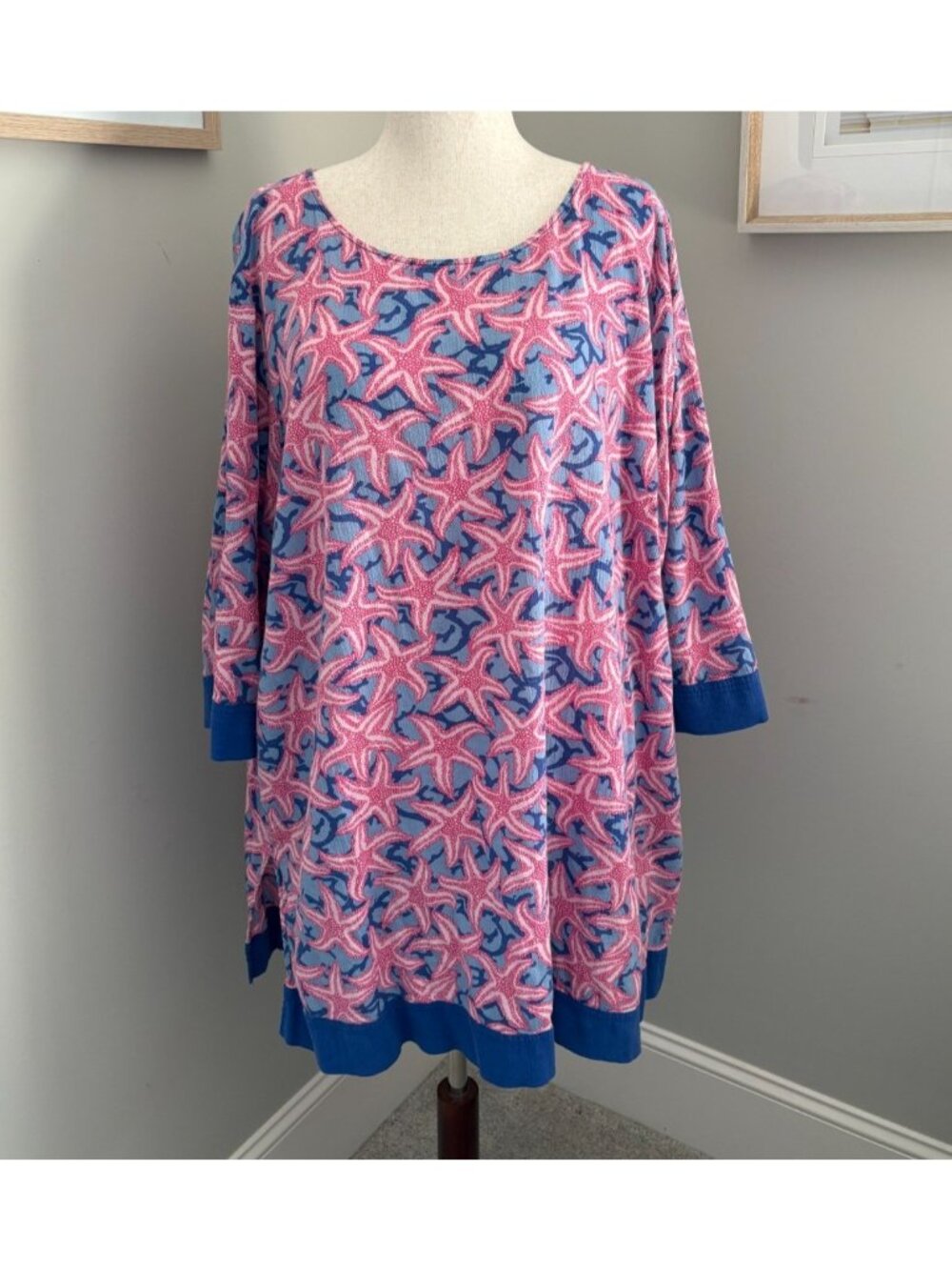 Talbots 3X Dress Tunic Plus Starfish Shift Gauze Cotton Pink Blue Beach Cover Up